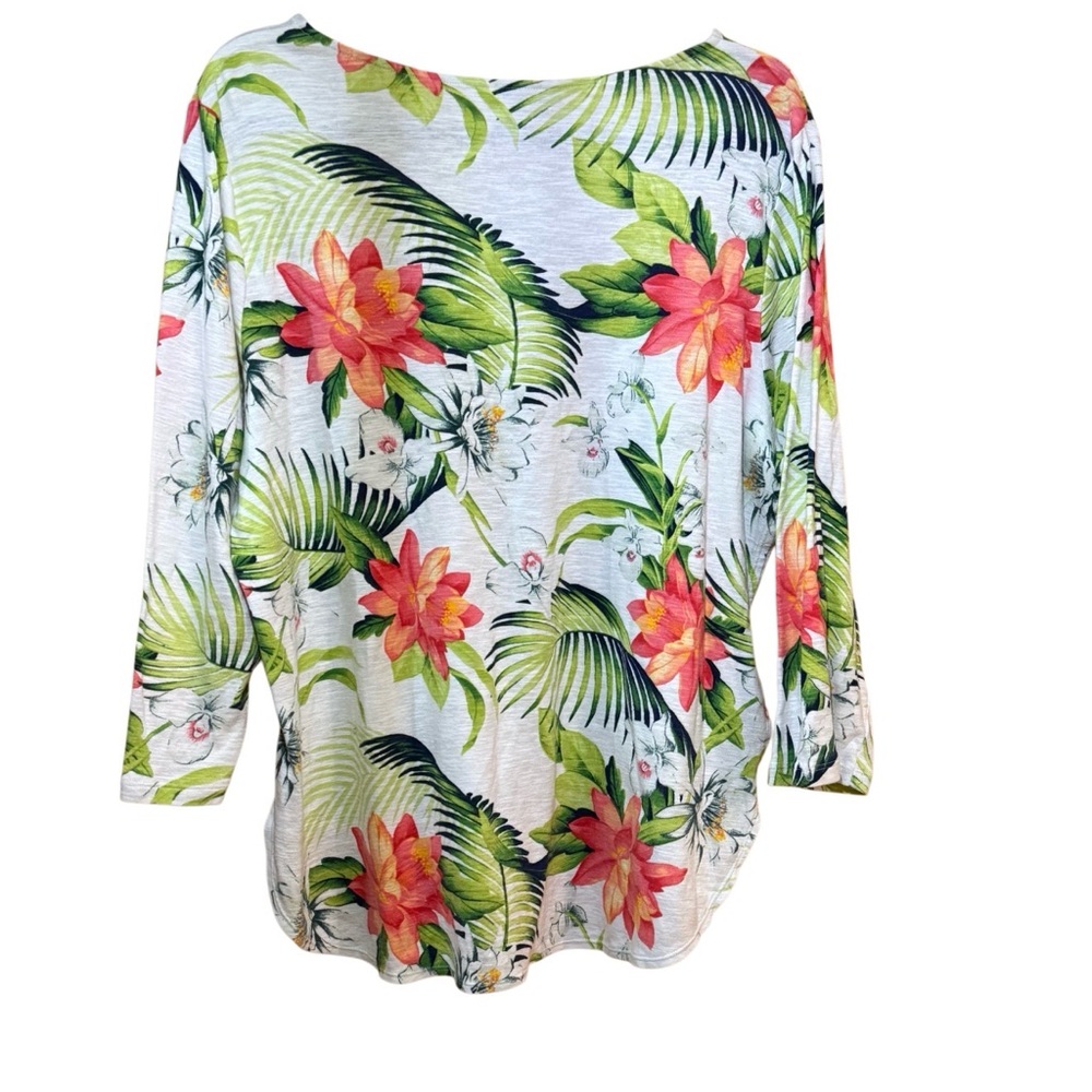 Tommy Bahama Tropical Floral Top XL White Cotton 3/4 Sleeve Hawaiian - Picture 2 of 2